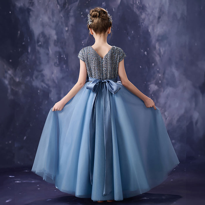 Romantic Dusty Blue Flower Girl Dress with Beaded Sequin Bodice Cap Sleeve Tulle Girls Birthday Gala Dress D356