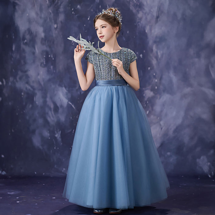 Romantic Dusty Blue Flower Girl Dress with Beaded Sequin Bodice Cap Sleeve Tulle Girls Birthday Gala Dress D356