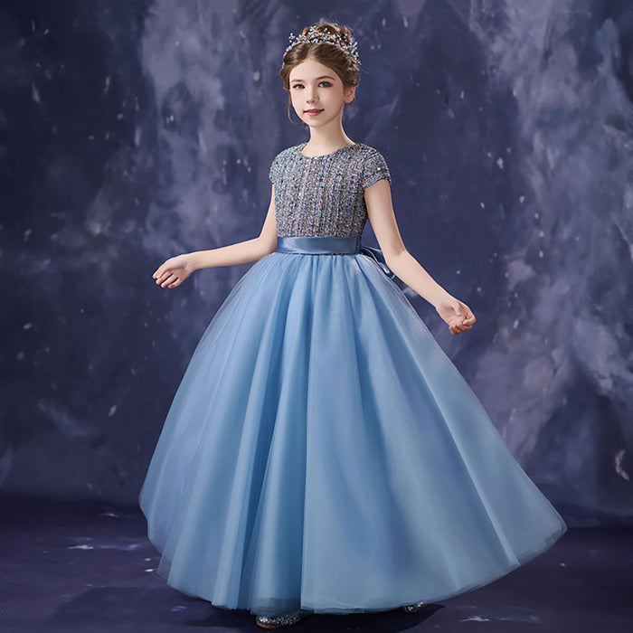 Romantic Dusty Blue Flower Girl Dress with Beaded Sequin Bodice Cap Sleeve Tulle Girls Birthday Gala Dress D356