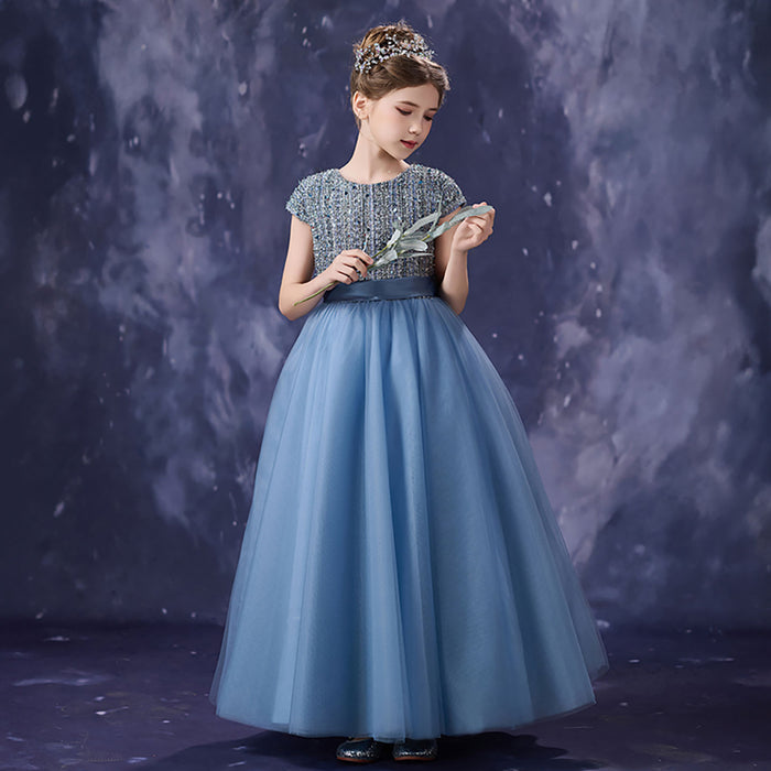 Romantic Dusty Blue Flower Girl Dress with Beaded Sequin Bodice Cap Sleeve Tulle Girls Birthday Gala Dress D356