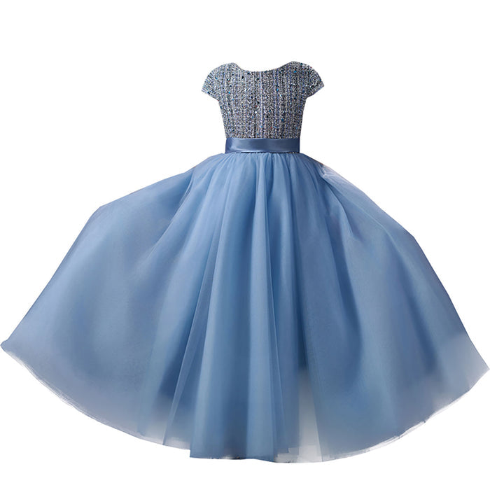 Romantic Dusty Blue Flower Girl Dress with Beaded Sequin Bodice Cap Sleeve Tulle Girls Birthday Gala Dress D356