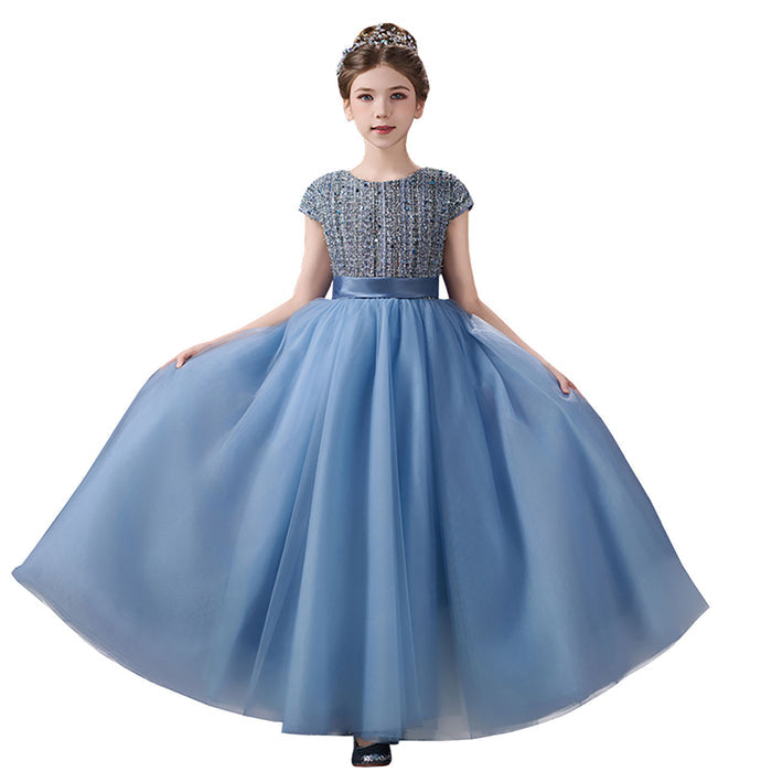 Romantic Dusty Blue Flower Girl Dress with Beaded Sequin Bodice Cap Sleeve Tulle Girls Birthday Gala Dress D356