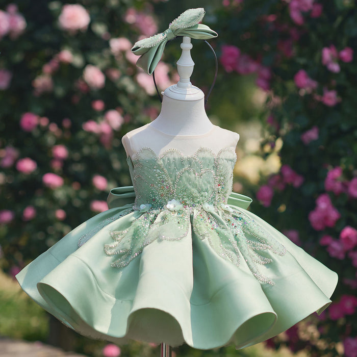 Romantic Flower Girl Dress with Beaded Embroidery Shiny Satin Tulle Kids Princess Birthday Dress J910