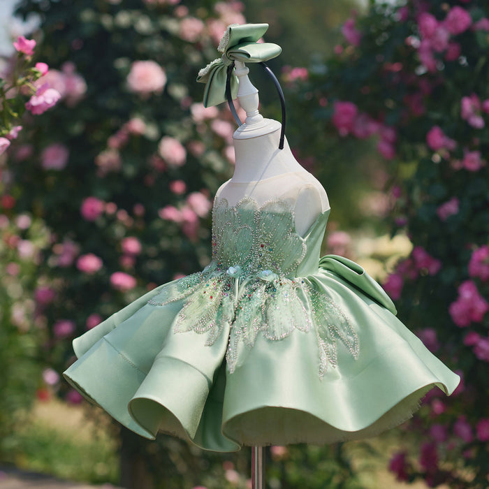 Romantic Flower Girl Dress with Beaded Embroidery Shiny Satin Tulle Kids Princess Birthday Dress J910