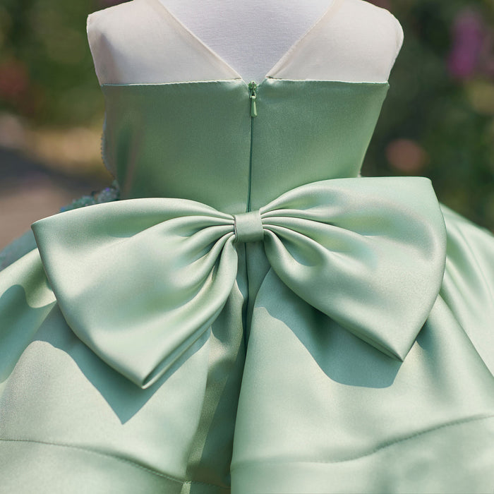 Romantic Flower Girl Dress with Beaded Embroidery Shiny Satin Tulle Kids Princess Birthday Dress J910