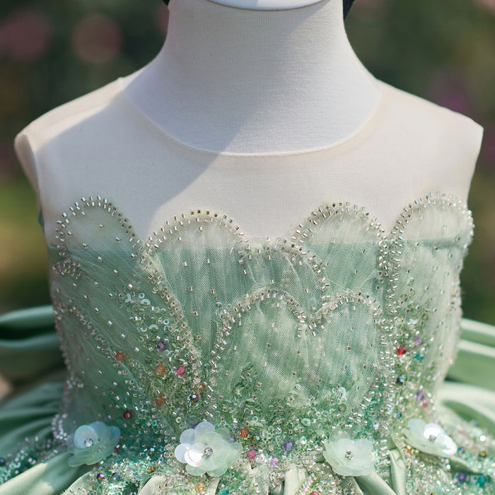 Romantic Flower Girl Dress with Beaded Embroidery Shiny Satin Tulle Kids Princess Birthday Dress J910