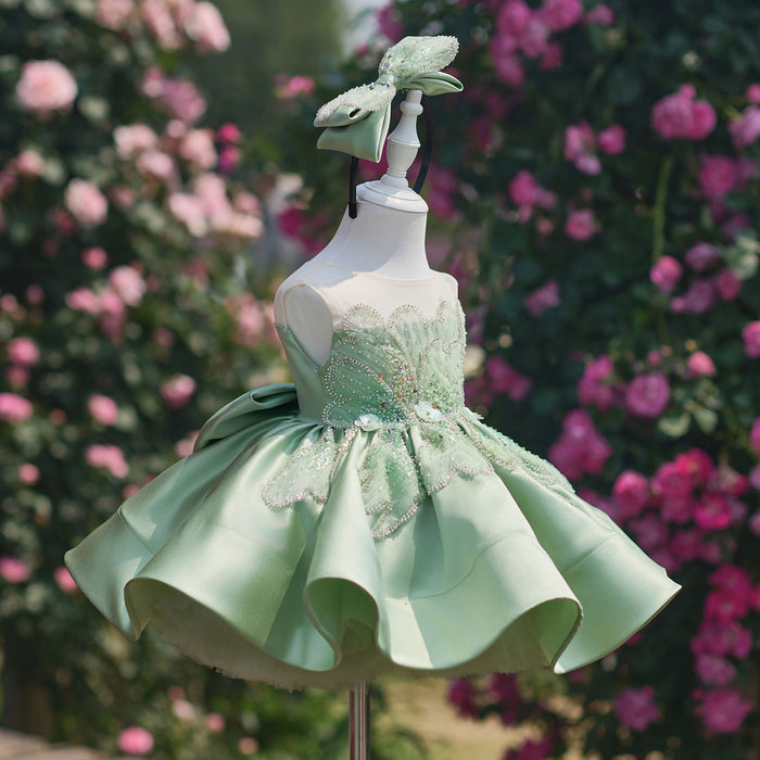 Romantic Flower Girl Dress with Beaded Embroidery Shiny Satin Tulle Kids Princess Birthday Dress J910