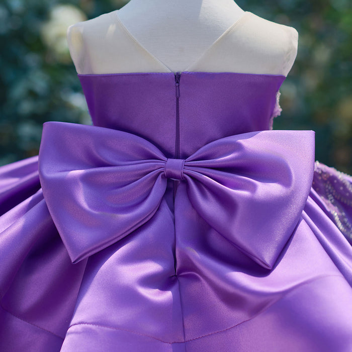 Romantic Flower Girl Dress with Beaded Embroidery Shiny Satin Tulle Kids Princess Birthday Dress J910