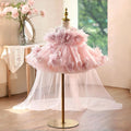 Romantic Pink Flower Girl Dress with Feather Details Fluffy Layered Tulle Kids Birthday Party Wedding Gown D284