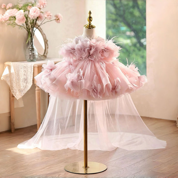 Romantic Pink Flower Girl Dress with Feather Details Fluffy Layered Tulle Kids Birthday Party Wedding Gown D284