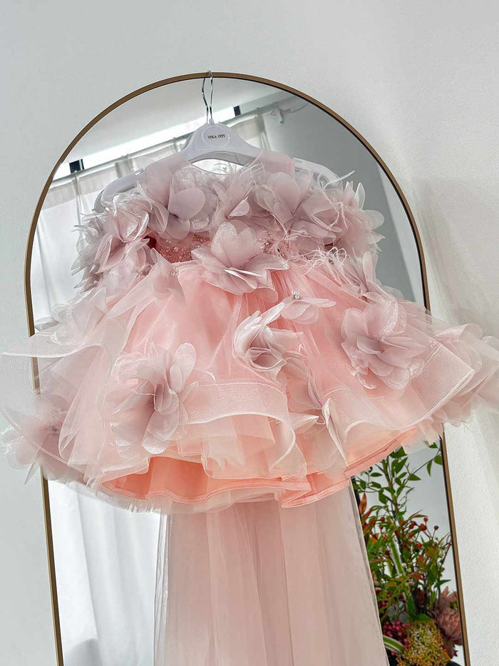 Romantic Pink Flower Girl Dress with Feather Details Fluffy Layered Tulle Kids Birthday Party Wedding Gown D284
