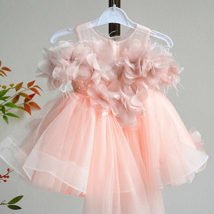 Romantic Pink Flower Girl Dress with Feather Details Fluffy Layered Tulle Kids Birthday Party Wedding Gown D284