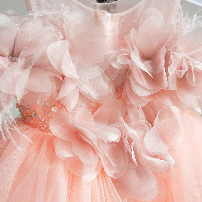 Romantic Pink Flower Girl Dress with Feather Details Fluffy Layered Tulle Kids Birthday Party Wedding Gown D284