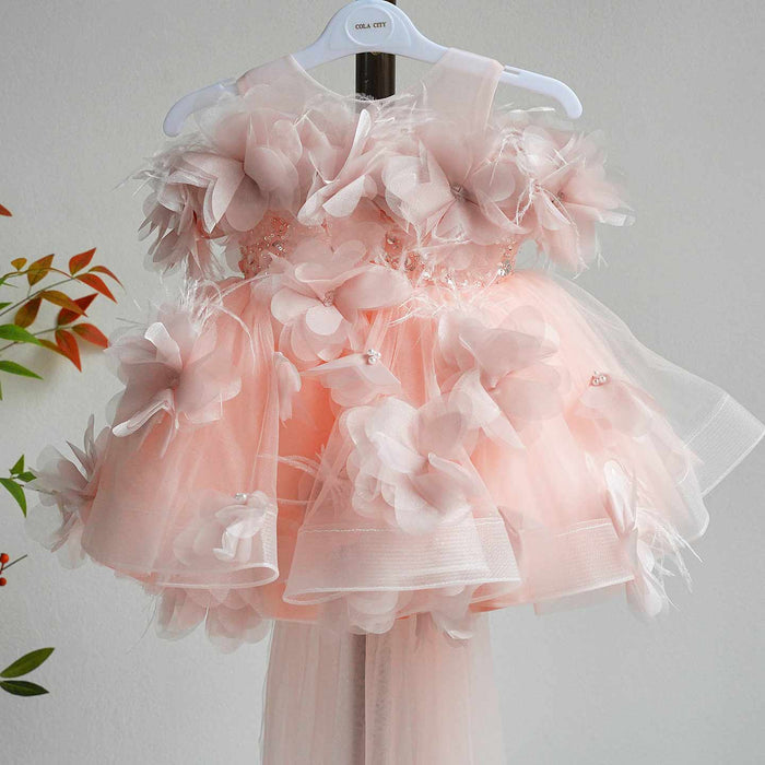Romantic Pink Flower Girl Dress with Feather Details Fluffy Layered Tulle Kids Birthday Party Wedding Gown D284