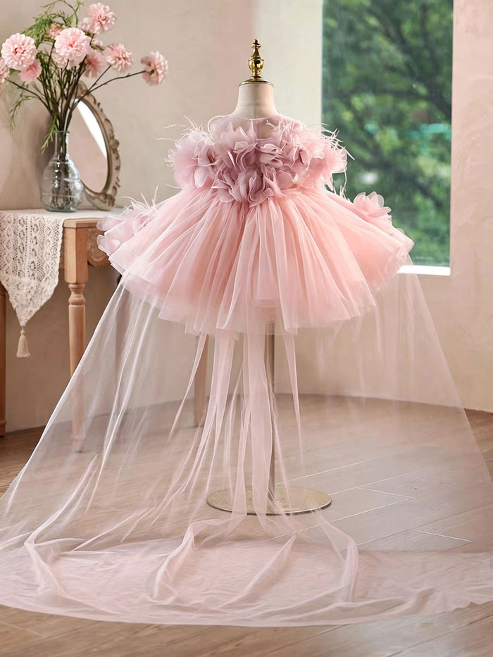 Romantic Pink Flower Girl Dress with Feather Details Fluffy Layered Tulle Kids Birthday Party Wedding Gown D284