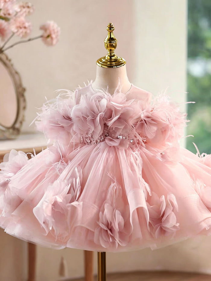 Romantic Pink Flower Girl Dress with Feather Details Fluffy Layered Tulle Kids Birthday Party Wedding Gown D284