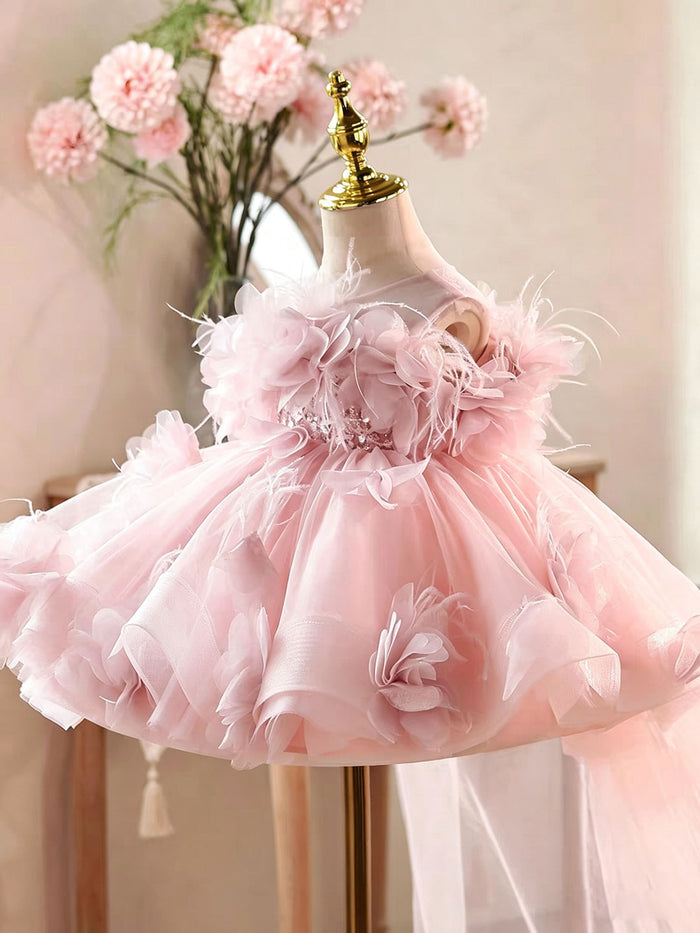 Romantic Pink Flower Girl Dress with Feather Details Fluffy Layered Tulle Kids Birthday Party Wedding Gown D284