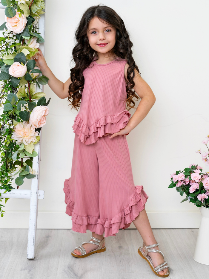 Rosewood Ribbed Ruffle Tank and Pants Set Mia Belle Girls