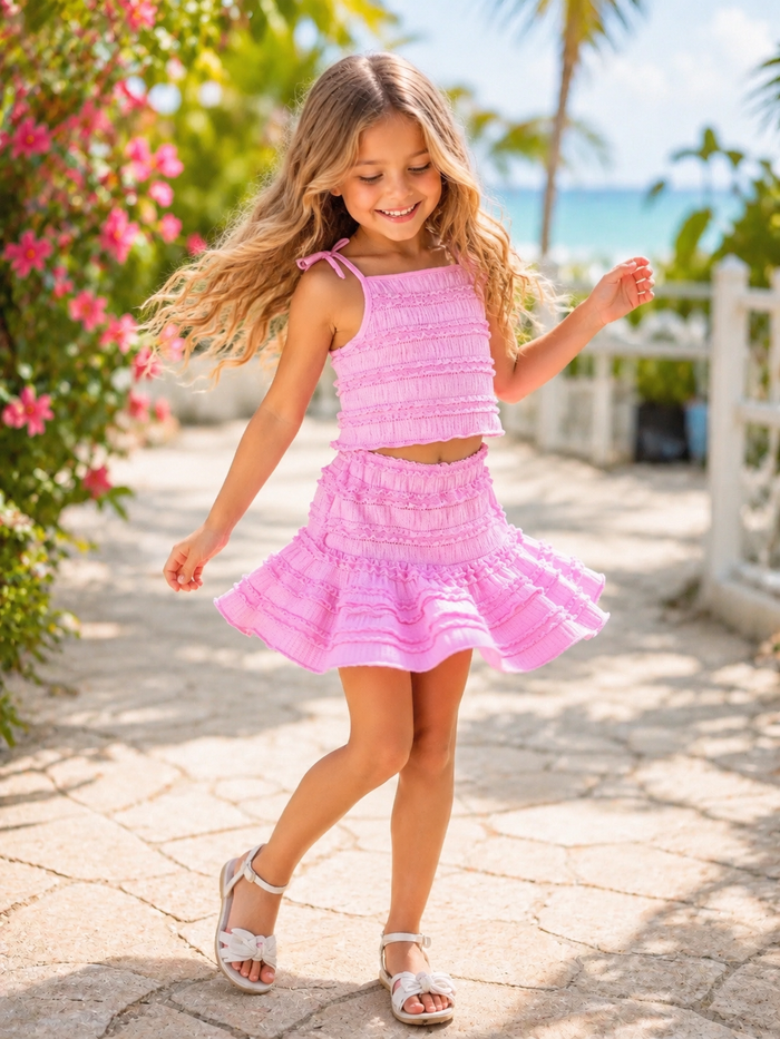 Rosy Ruffle Tie Top and Tiered Skirt Beach Set