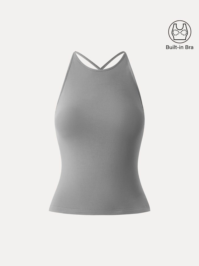 OGLmove Round Neck Cross-Back Bandless Bra Top Evening Grey XS