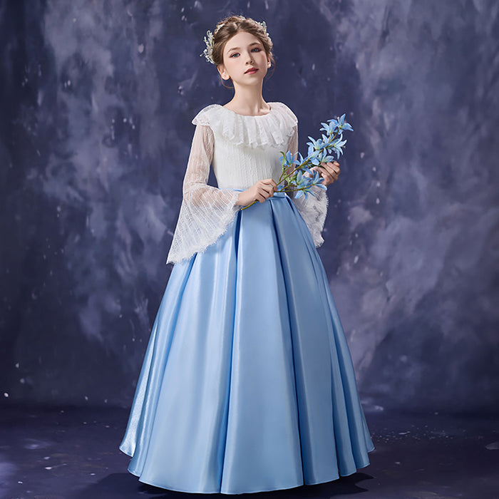 Royal Blue White Flower Girl Dress Lace Bell Sleeve Satin Tulle Party Gown D354