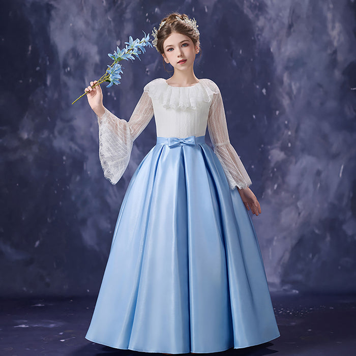 Royal Blue White Flower Girl Dress Lace Bell Sleeve Satin Tulle Party Gown D354