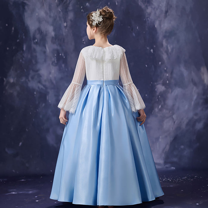 Royal Blue White Flower Girl Dress Lace Bell Sleeve Satin Tulle Party Gown D354