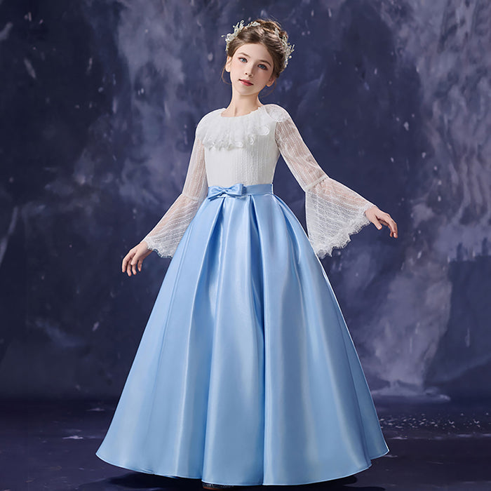 Royal Blue White Flower Girl Dress Lace Bell Sleeve Satin Tulle Party Gown D354
