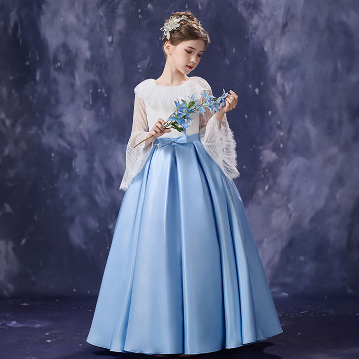 Royal Blue White Flower Girl Dress Lace Bell Sleeve Satin Tulle Party Gown D354