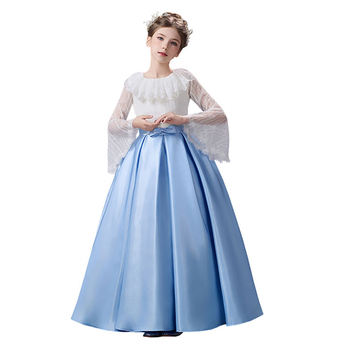 Royal Blue White Flower Girl Dress Lace Bell Sleeve Satin Tulle Party Gown D354