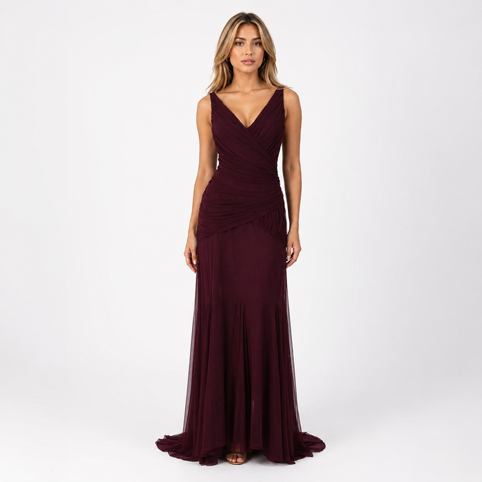 Ruched V-Neck Mermaid Evening Gown - Burgundy