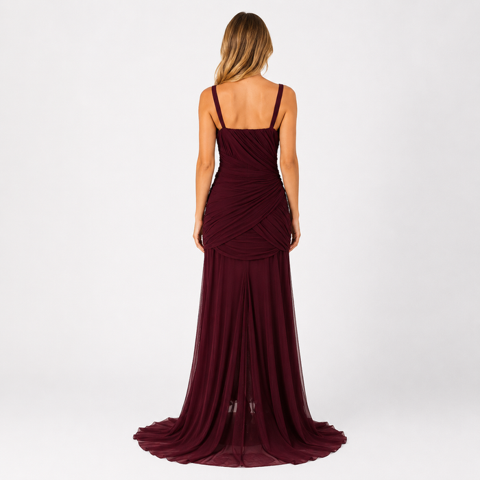 Ruched V-Neck Mermaid Evening Gown - Burgundy