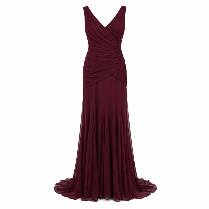 Ruched V-Neck Mermaid Evening Gown - Burgundy