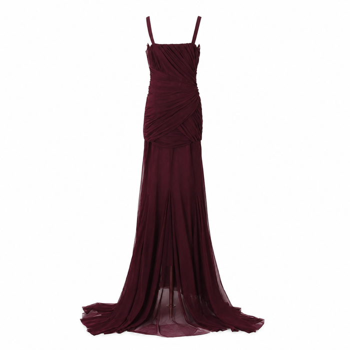 Ruched V-Neck Mermaid Evening Gown - Burgundy