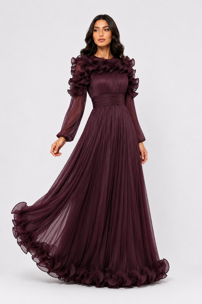 Ruffled Pleated Chiffon Maxi Dress - Midnight