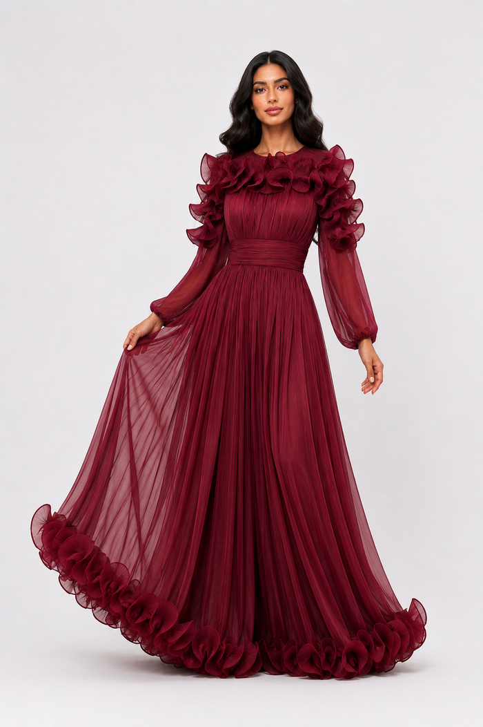 Ruffled Pleated Chiffon Maxi Dress - Midnight
