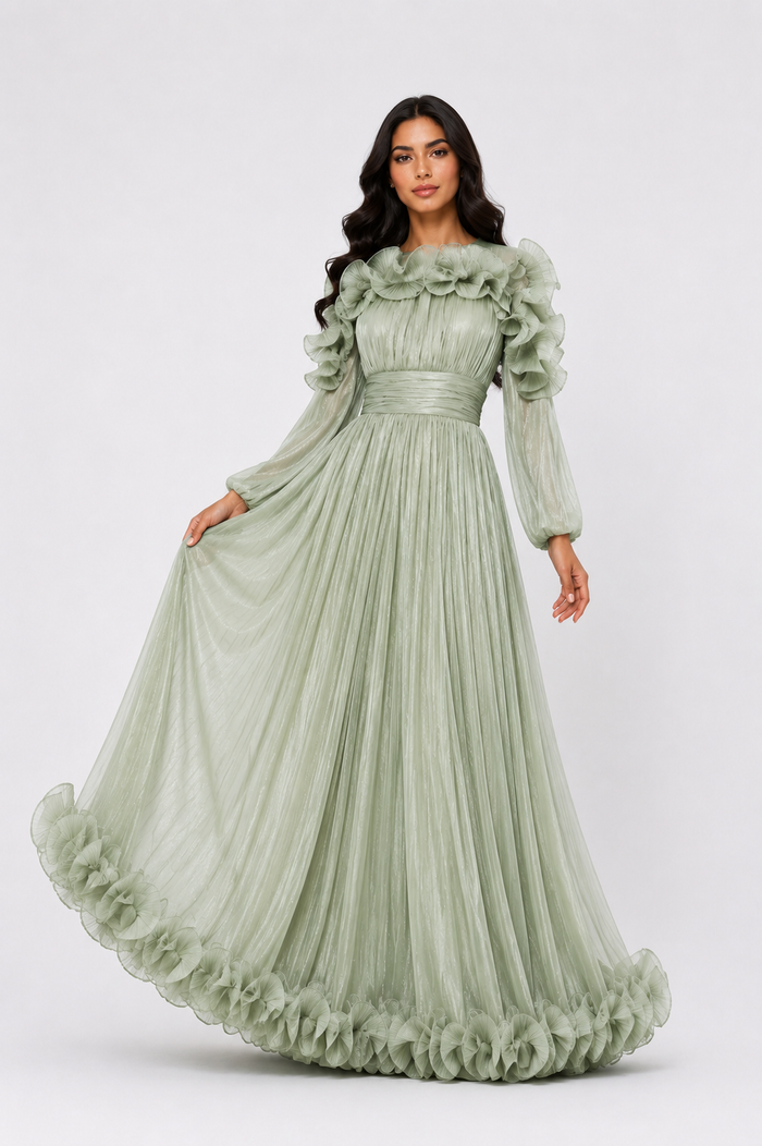 Ruffled Pleated Chiffon Maxi Dress - Midnight