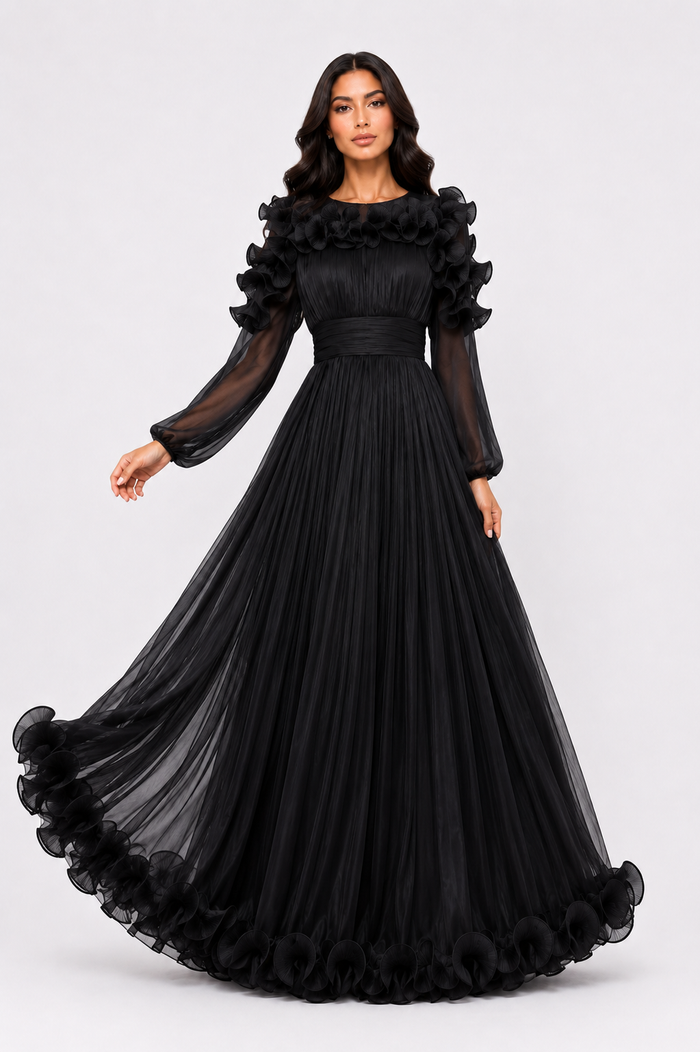Ruffled Pleated Chiffon Maxi Dress - Midnight