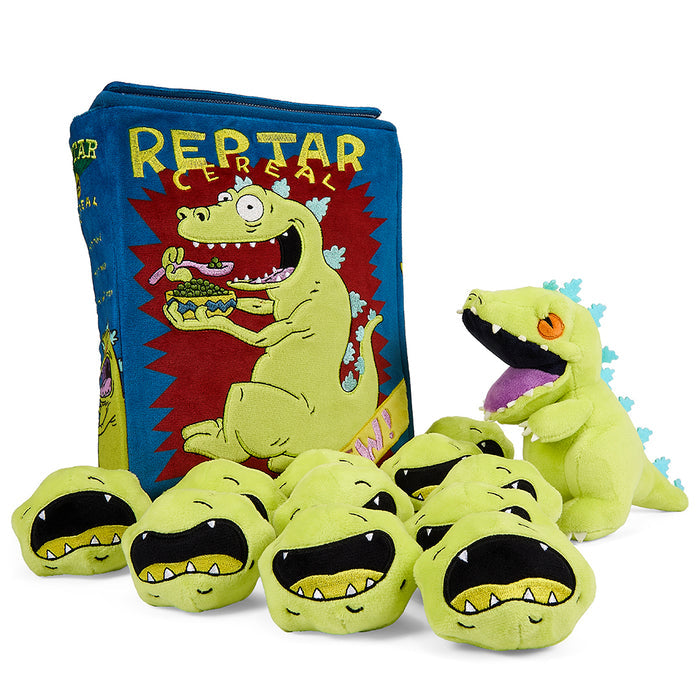 Rugrats 10-inch plush Reptar toy designed as a cereal box, featuring bright colors and interactive plush details.