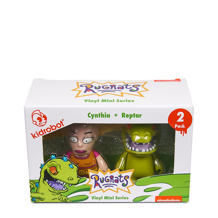 Rugrats Cynthia and Reptar 3-inch vinyl art figure 2-pack featuring colorful figures of Cynthia and Reptar from Rugrats.