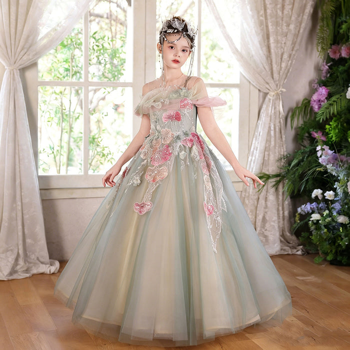 Sage Green Flower Girl Dress Elegant Floral Applique Off-Shoulder Tulle Birthday Party Gown J001
