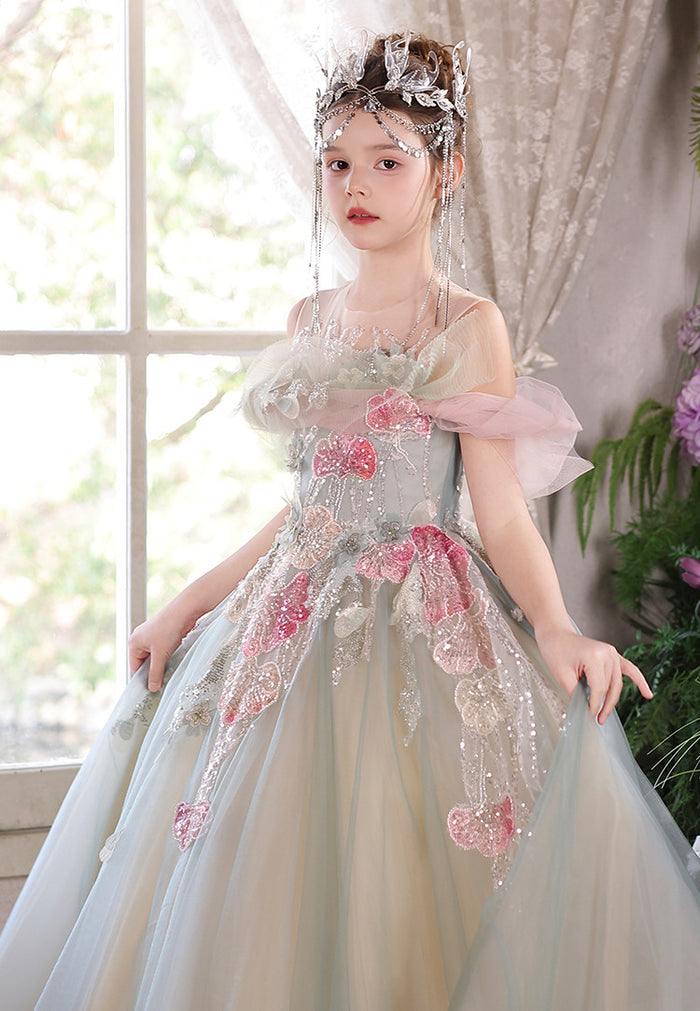 Sage Green Flower Girl Dress Elegant Floral Applique Off-Shoulder Tulle Birthday Party Gown J001