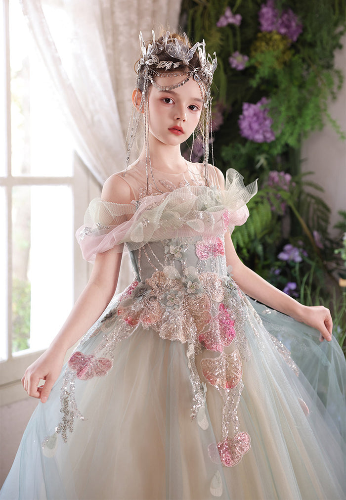 Sage Green Flower Girl Dress Elegant Floral Applique Off-Shoulder Tulle Birthday Party Gown J001