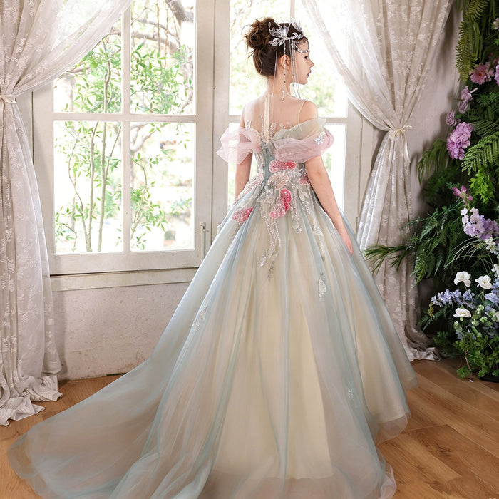Sage Green Flower Girl Dress Elegant Floral Applique Off-Shoulder Tulle Birthday Party Gown J001
