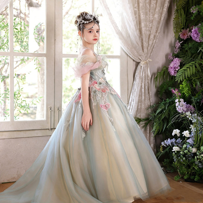 Sage Green Flower Girl Dress Elegant Floral Applique Off-Shoulder Tulle Birthday Party Gown J001