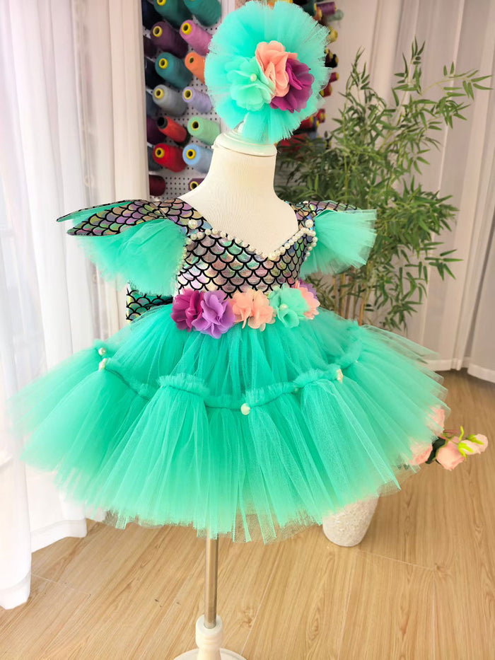 Sage Green Mermaid Princess Dress for Girls with Sequin Bodice Tulle Ball Gown D291