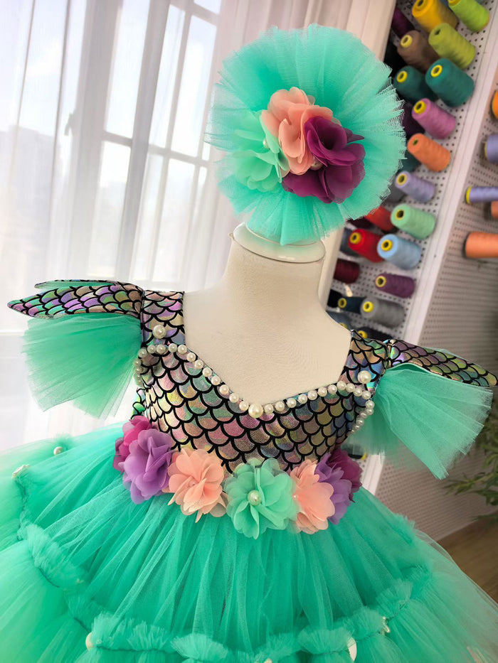 Sage Green Mermaid Princess Dress for Girls with Sequin Bodice Tulle Ball Gown D291
