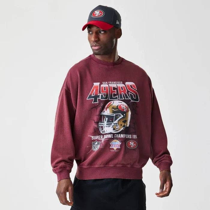San Francisco 49ers NFL Washed Boxy Dark Red Oversized Crew Neck Sweater