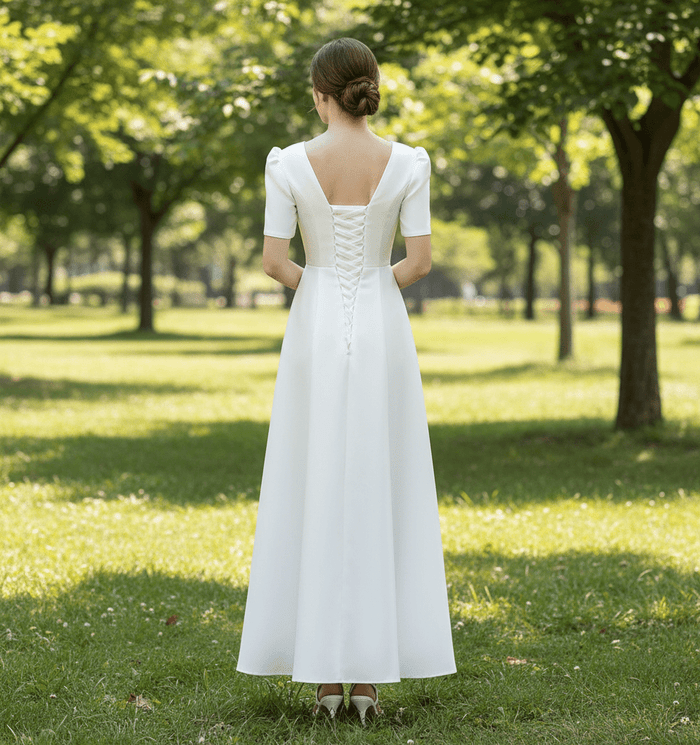 Satin A-Line V-Neck Wedding Dress with Ankle Length - Rosymae