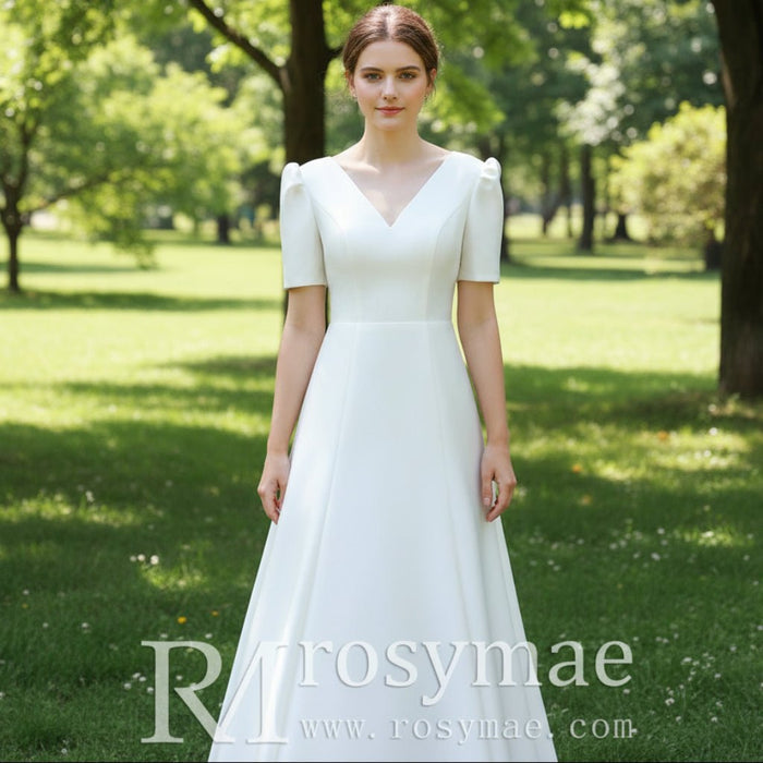 Satin A-Line V-Neck Wedding Dress with Ankle Length - Rosymae